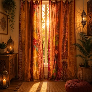 Cortina de sari de seda vintage feita à mão | Painel de janela patchwork boho | Cortinas indianas coloridas | Decoração de casa exclusiva