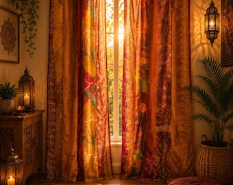 Cortina de sari de seda vintage hecha a mano / Panel de ventana estilo patchwork bohemio / Cortinas indias coloridas / Decoración para el hogar única