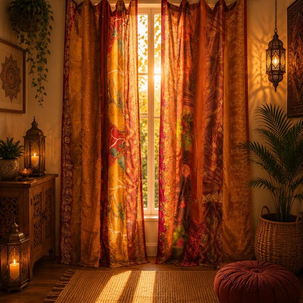 Handmade Vintage Silk Sari Curtain | Boho Patchwork Window Panel | Colorful Indian Drapes | One of a Kind Home Decor