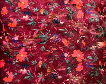 Velvet Upholstery Fabric: Maroon Bird Print, Soft Crafting Material - 44" Wide