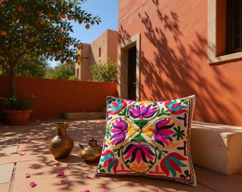 Vintage Suzani Pillow Cover: Handmade Indian Embroidery, 16x16 Cotton Cushion