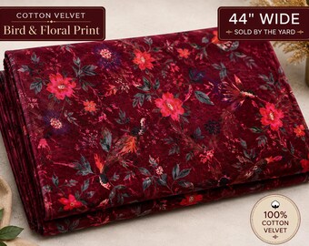 Maroon Bird Print Velvet Fabric By The Yard, Floral Cotton Velvet Upholstery Fabric, Chinoiserie Fabric, Curtain Fabric, Cushion Fabric