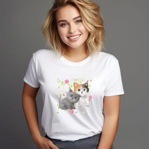 Cat lovers shirt design, cute feline illustration with pink roses, home decor, gift for cat enthusiasts, playful and colorful artwork