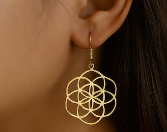 Flower of Life Earrings, Brass Sacred Geometry Jewelry, Boho Festival Dangle Earrings, Yoga Spiritual Gift for Women