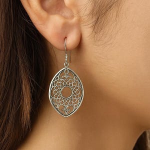 Silver Mandala Earrings, Boho Filigree Dangle Jewelry, Festival Hippie Earrings, Yoga Spiritual Gift for Women