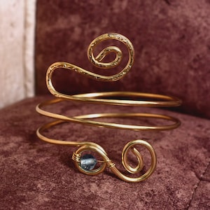 Boho Gold Arm Cuff Bracelet with Blue Stone – Handmade Wire Wrapped Brass Armlet – Adjustable Upper Arm Jewelry for Women
