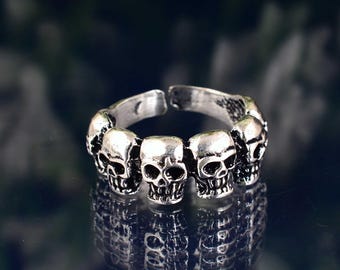 Doodshoofdring voor mannen en vrouwen, gotische zilveren band, verstelbare vintage schedelring, coole punksieraden, statementring voor Halloween