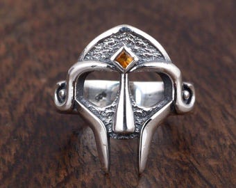 Anel de capacete de guerreiro viking, anel de armadura medieval de prata esterlina com pedra preciosa, joia gótica nórdica para homens, presente feito à mão