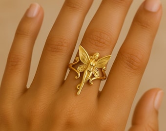 Gold Fairy Ring, Fantasy Inspired Brass Jewelry, Boho Cottagecore Adjustable Ring, Whimsical Pixie Statement Ring for Women