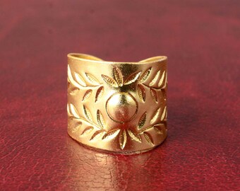 Wide Floral Brass Ring, Adjustable Botanical Pattern Ring, Bold Boho Statement Jewelry, Bohemian Gold Adjustable Ring, Gift for Her or Him