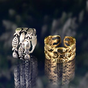 Handmade Fish Design Brass Rings - Silver & Gold Plated, Unique Ocean-Inspired Jewelry, Adjustable Size, Boho Chic, Gift for Nature Lovers