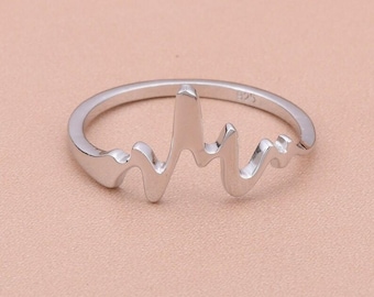 Sterling Silver Heartbeat Ring, Minimalist Pulse Band Jewelry, Medical EKG Ring, Nurse Doctor Gift, Adjustable Love Heartbeat Ring