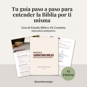 Puede incluir: Un conjunto de guías de estudio impresas, incluyendo una titulada "Laboratorio Bíblico" y otra con el texto "ANÁLISIS DE LAS 3 'C'". El título principal es "Tu guía paso a paso para entender la Biblia por ti misma." También muestra "13 PÁGINAS."