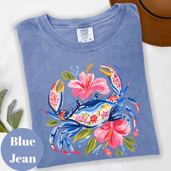 Floral Crab Watercolor Shirt, Cute Summer Beach Tee, Boho Coastal Animal, Tropical Hibiscus Graphic, Vacation Gift