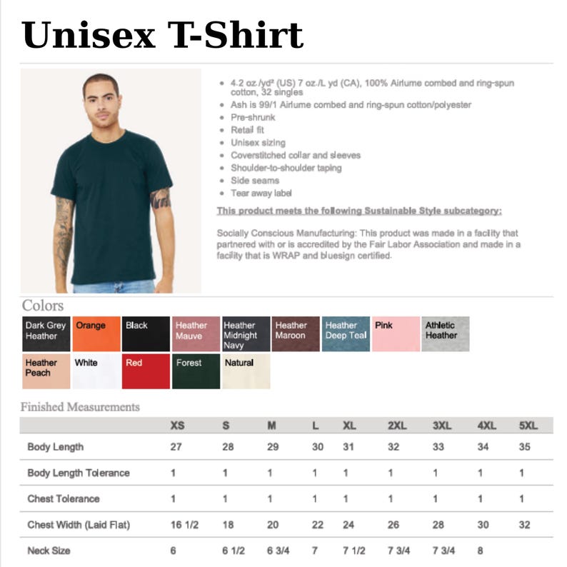 Może przedstawiać: Na modelu prezentowana jest koszulka unisex w kolorze teal. Obraz zawiera paletę kolor&oacute;w z opcjami takimi jak pomarańczowy, czarny i r&oacute;żowy. Podano wymiary końcowe, w tym długość ciała od 68,5 do 89 cm i szerokość klatki piersiowej od 42 do 81 cm.