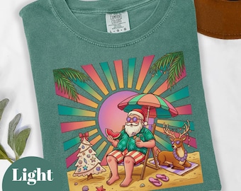 Christmas in July Shirt, Beach Santa Reindeer Tee, Tropical Summer Holiday Women, Retro Vacation Graphic, Funny Christmas Gift