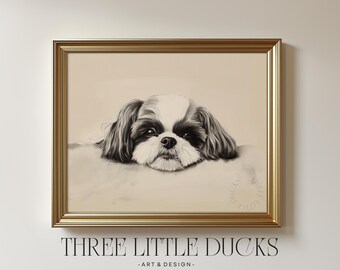 Vintage schets van shih-tzu-puppy - rustiek huisdierportret, charmante hondenschets, Cottagecore-hond hondenkunst, hondenliefhebber cadeau, hondenliefhebber decor 627