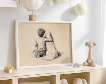 Boy and Golden Retriever Art Sketch For Nursery Print - Vintage Nursery Art Dog Sketch Drawing, Boys Kids Playroom Decor Dog Lover Gift 634