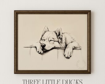 May include: A framed sepia-toned print featuring a sleeping dog. The dog, rendered in pencil, rests its head and paws on a surface. The frame is a dark brown color. The text "THREE LITTLE DUCKS - ART & DESIGN -" is at the bottom.