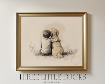 Jongen met goldendoodle-hond kunst afdrukbare | Vintage kinderkamermuurkunst | Gouden krabbelillustratie | Jongenskamerdecoratie | DIGITALE DOWNLOAD 640