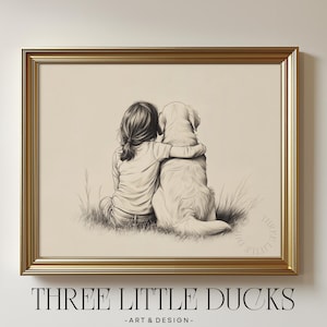Vintage Minimalist Sketch of Girl and Dog - Printable Wall Art, Rustic Decor, Charming Friendship Drawing, Cottagecore Nursery Print 444