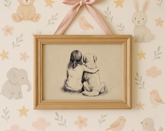 Kunstdruck „Mädchen & Golden Retriever“ fürs Kinderzimmer – Wandbild fürs Spielzimmer, Vintage-Retro-Welpenskizze, Zimmerdekoration 637