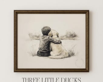 Boy and Golden Retriever Art Sketch Print - Vintage Retro Puppy Dog Drawing, Boys Kids Playroom Nursery Decor, Gifts For Dog Lovers 264