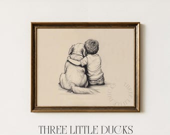 Little Boy and Golden Retriever Art Sketch Print - Dog Sketch Art, Golden Retriever Wall Art, Kids Room Decor, Boys Nursery Decor 235