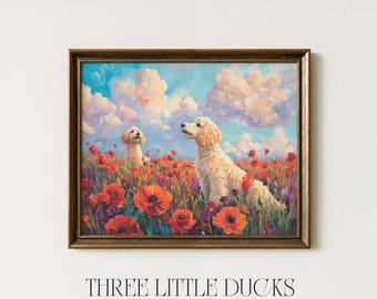 May include: A framed painting featuring two golden retriever dogs in a field of red poppies under a blue sky with fluffy clouds. The artwork has a warm, inviting color palette and is signed "THREE LITTLE DUCKS - ART & DESIGN".