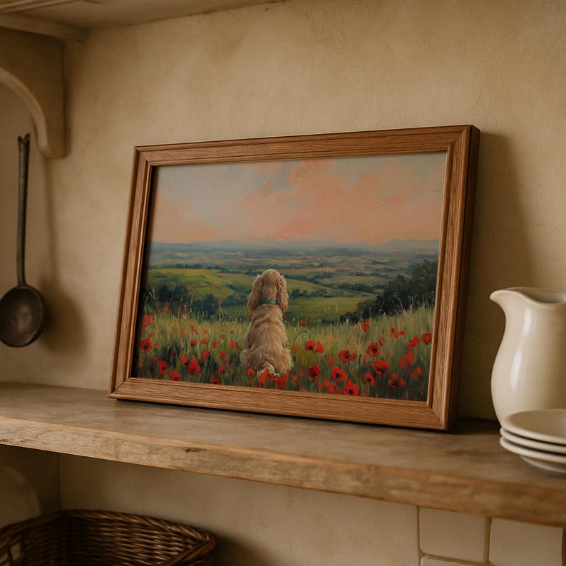 Cocker Spaniel in Poppy Field Wall Art Printable | Vintage Dog Oil ...