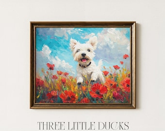 West Highland Terrier au champ de coquelicots imprimable, impression d'art chien Westie, amateurs de chiens art mural rétro vintage peinture à l'huile téléchargement numérique 343