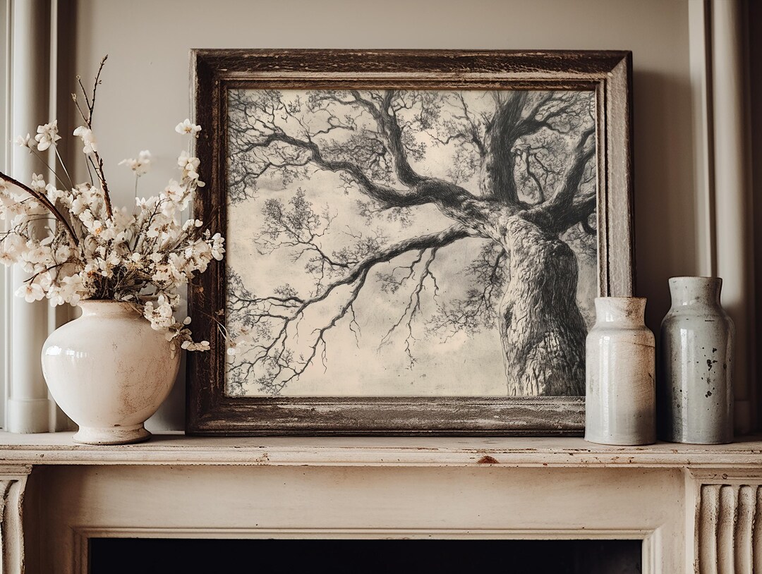 Rustic Tree Canopy Sketch - Vintage Style Wall Art, Cottagecore Decor ...