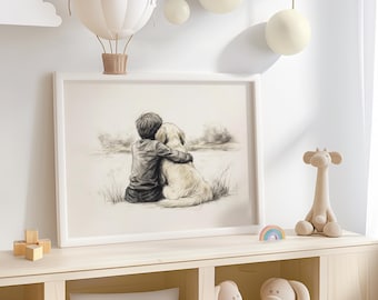 Boy and Golden Retriever Art Sketch Print - Vintage Nursery Art, Baby Boys Kids Playroom Decor Wall Print, Retro Puppy Dog Drawing 633