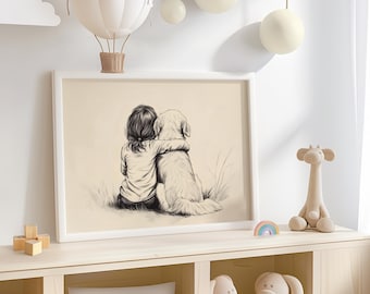 Kunstdruck „Mädchen & Golden Retriever“ für Kinderzimmer, Spielzimmerdeko, Vintage-Hundeskizze, Wandbild für Mädchenzimmer 636