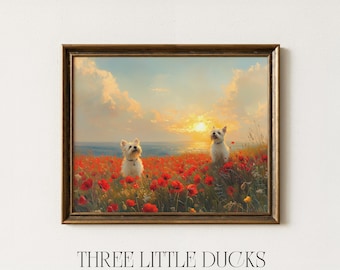 Terriers des Highlands de l'ouest en art mural imprimable coquelicot - oeuvre de chien Westie vintage peinture à l'huile cadeaux pour les amoureux des chiens téléchargement numérique 337