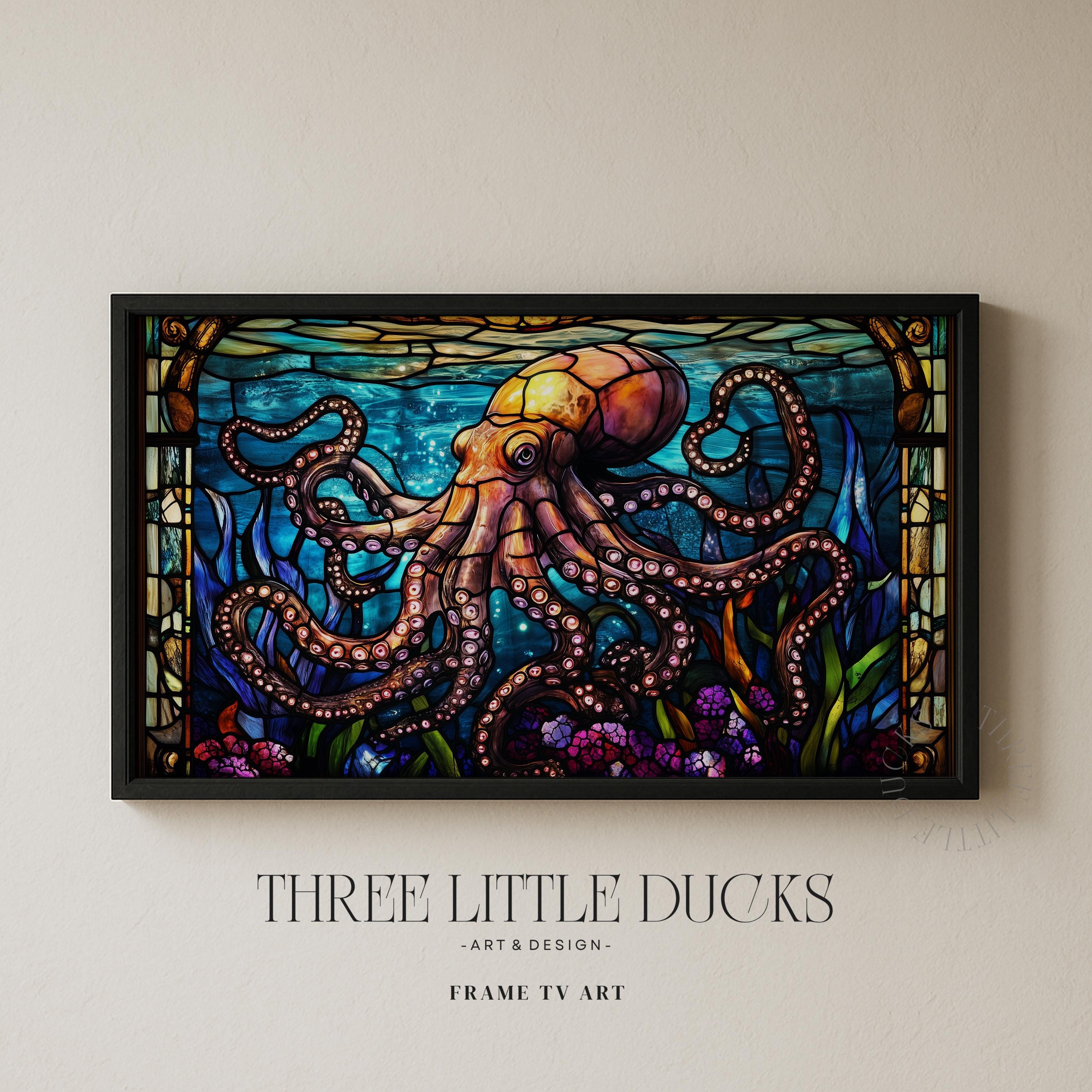 Shell Octupus Frame Stained Glass Octopus Frame TV Art, Victorian Colorful Sea Life Art for ...