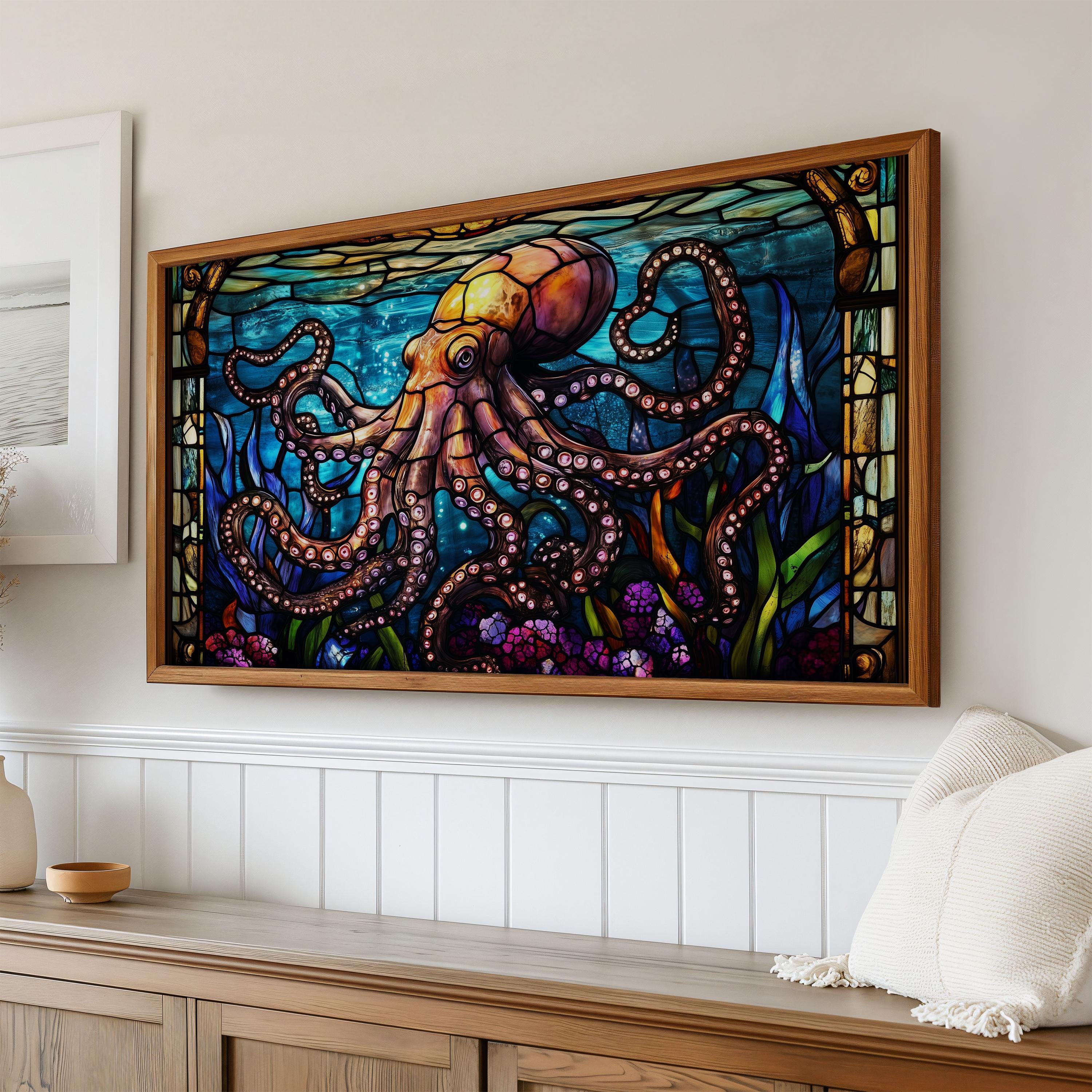 Shell Octupus Frame Stained Glass Octopus Frame TV Art, Victorian Colorful Sea Life Art for ...