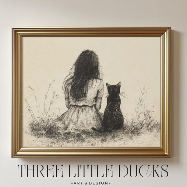 Ilustração de uma menina com uma gata tricolor | Decoração vintage para quarto de bebê | Download instantâneo 614