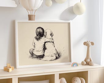 Impression de croquis d'art Girl & Golden Retriever - décoration de chambre de bébé fille, illustration de dessin de chiot chien, impression d'art de salle de jeux d'enfants 635