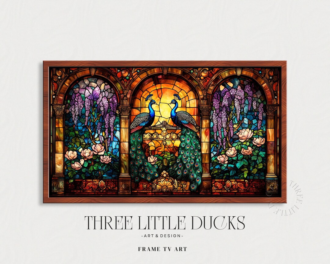 ビクトリア朝のステンドグラスの孔雀と藤のフレームのテレビアート