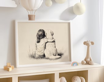 Kunstdruck „Mädchen & Golden Retriever“ fürs Kinderzimmer – Wanddeko fürs Mädchenzimmer, Vintage-Zeichnung eines Welpen, Geschenkidee für Hundeliebhaber 638