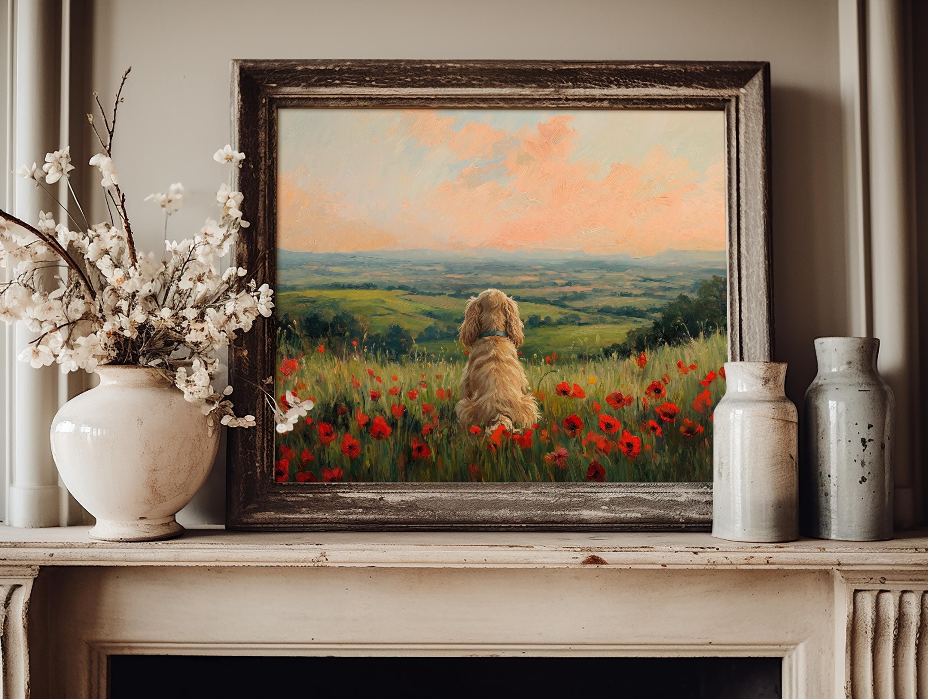 Cocker Spaniel in Poppy Field Wall Art Printable | Vintage Dog Oil ...