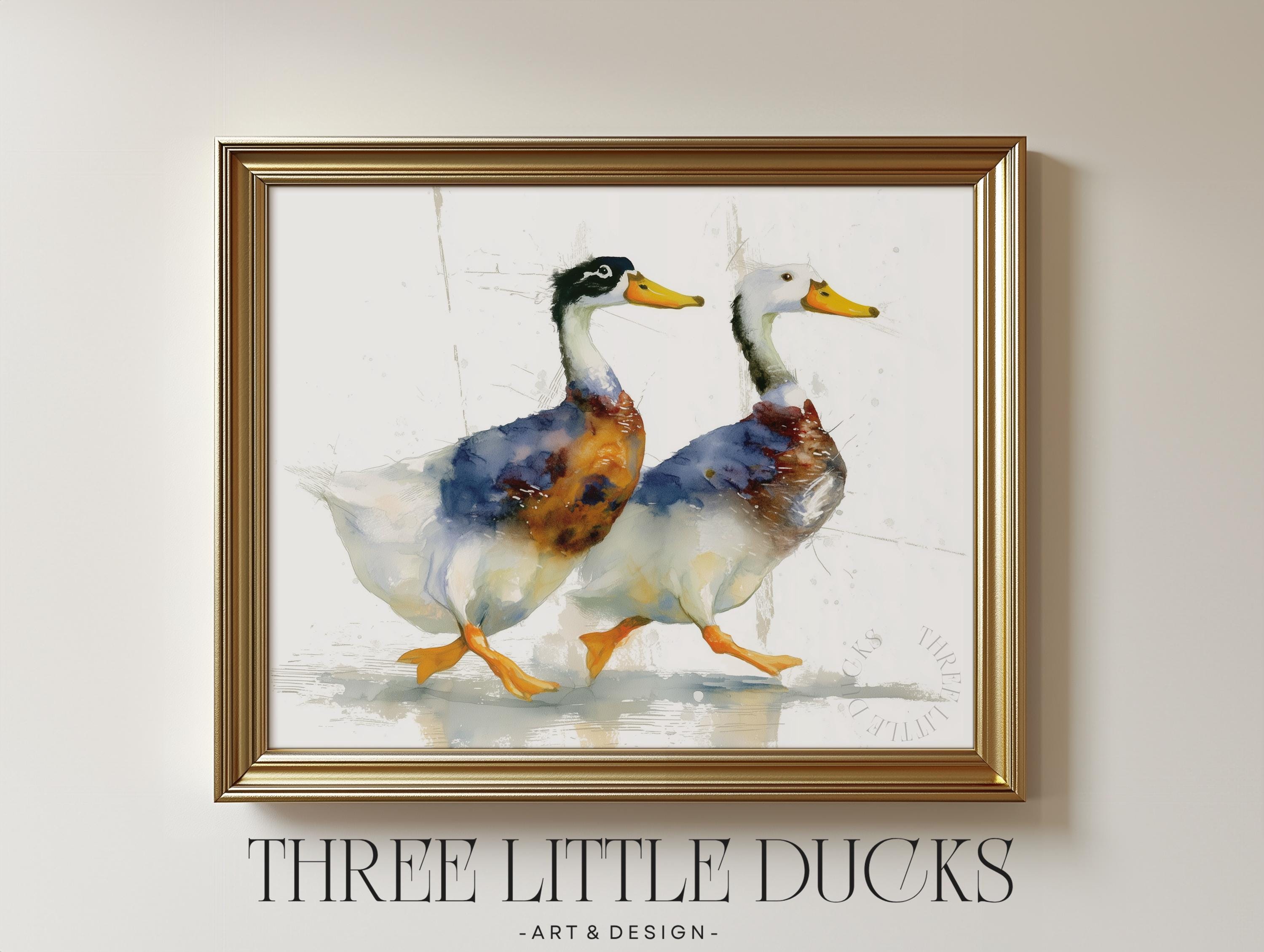 走るアヒルの水彩画アートプリント - アヒルの壁飾り、素朴なコテージ