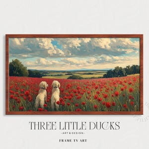 Rustic Danish Countryside Samsung Frame TV Art, Goldendoodle Landscape Art for TV, Cottage Decor, Poppy Field Print, Digital Download 83