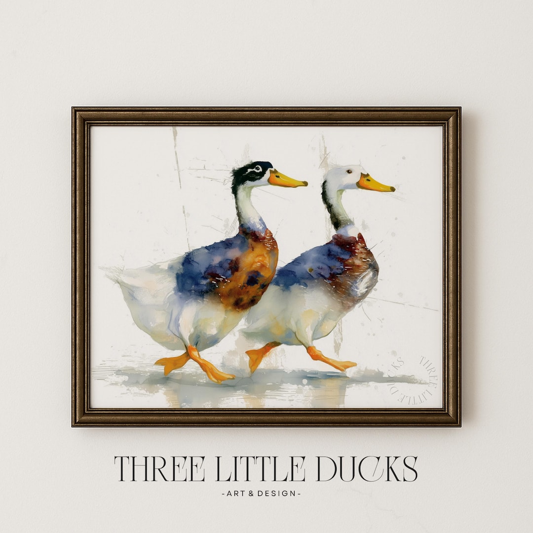 走るアヒルの水彩画アートプリント - アヒルの壁飾り、素朴なコテージ