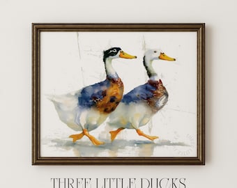 走るアヒルの水彩画アートプリント - アヒルの壁飾り、素朴なコテージ