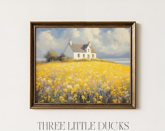 Cottage in Rapeseed Field Print | Vintage Summer Landscape | Digital Print 3