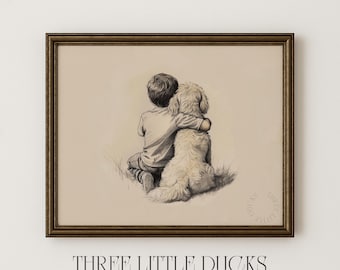 Jongen met goldendoodle Art Print, puppy kinderkamer kunst, babykamer vintage poster, puppy schets, hond jongens kamer retro tekening 453