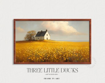 Puede incluir: Una impresión enmarcada de un paisaje con una casa blanca con techo negro, en un campo de flores amarillas. También se ven un árbol y un cielo nublado. El marco es de color marrón oscuro. El texto "THREE LITTLE DUCKS - ART & DESIGN - FRAME TV ART" está en la parte inferior.