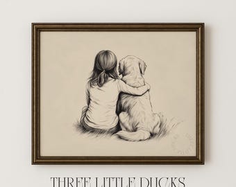 Little Girl and Golden Retriever Art Sketch Print - Vintage Puppy Drawing Girls Nursery Decor Kids Room Dog Sketch Art, Digital Download 445